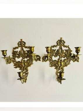 Vtg Large RARE Pair Solid Brass ornate Lovebirds Maximalist gold tone candelabra
